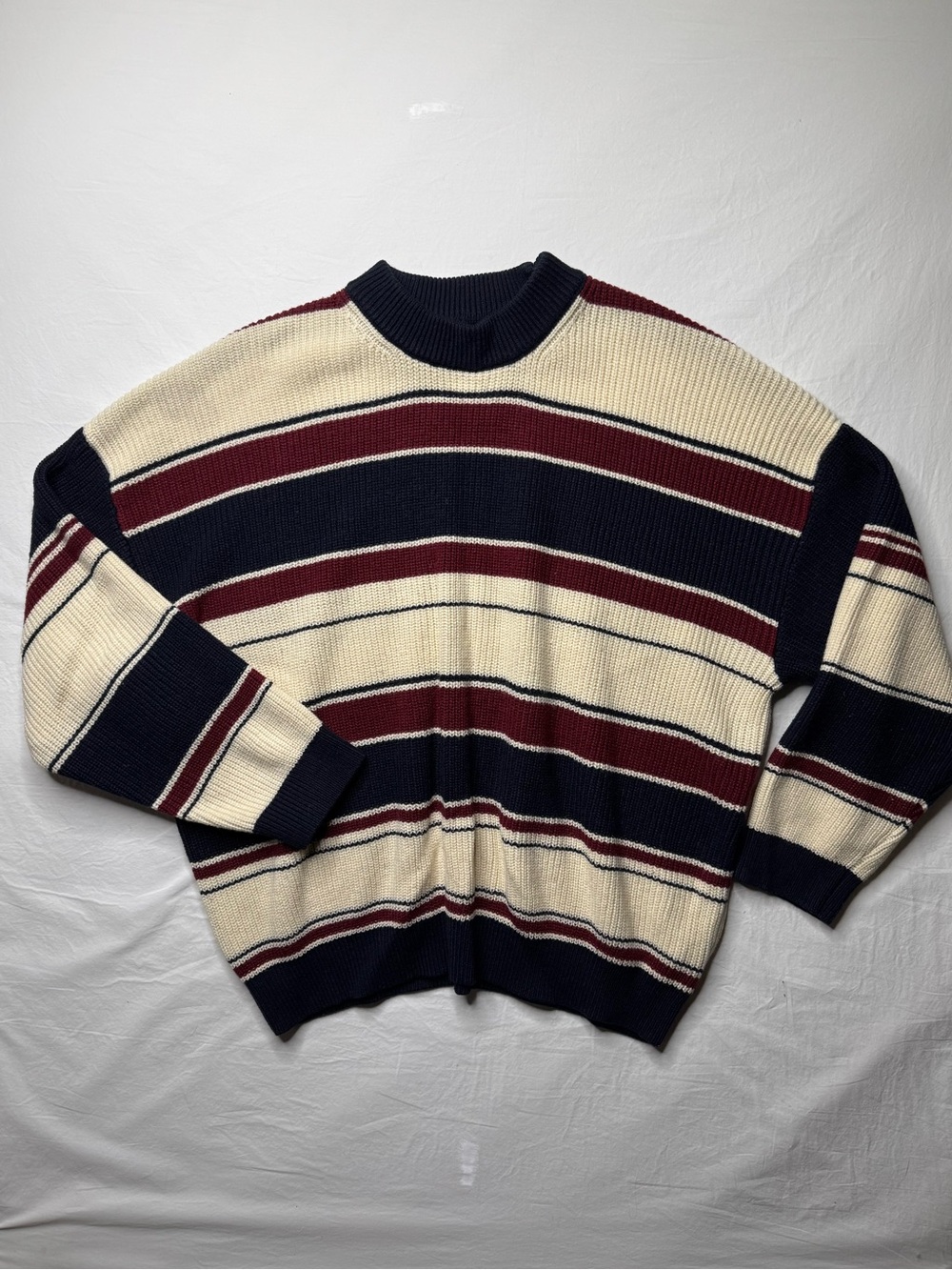 Striped Knitted Pullover Crewneck Sweater in Navy, Cream & Burgundy -